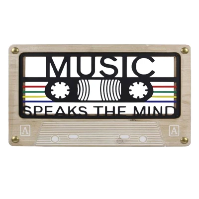 WALL SIGN MUSIC SPEAKS THE MIND CASSET LASER CUT METAL/WOOD 14.25X0.4X9.13