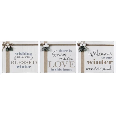 BOX SIGN 3AST WINTER SNOW WHITE WOOD 10X1.25X10