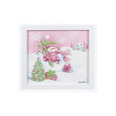 WALL DECOR CANVAS SNOWMAN CHRITMAS HANDPAINTING PINK POLY FRAME  9.56X1.22X9.56