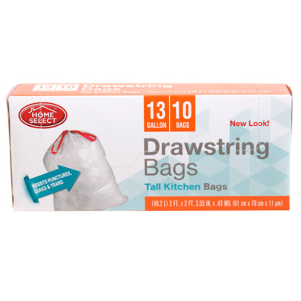 TRASH BAGS 10CT - 13 GALLON TALL KITCHEN DRAWSTRING WHITE HOME SELECT 2-PLY STRENGTH