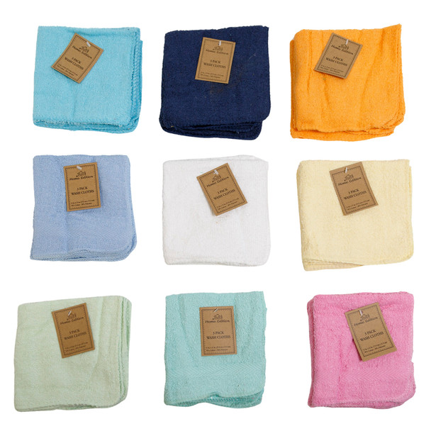 WASH CLOTHS 3PK 11X11 ASSORTED COLORS PEGGABLE  #2120-3WC