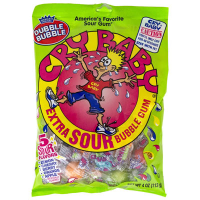 DUBBLE BUBBLE CRY BABY EXTRA SOUR BUBBLE GUM 5 FLAVORS 4 OZ PEG BAG