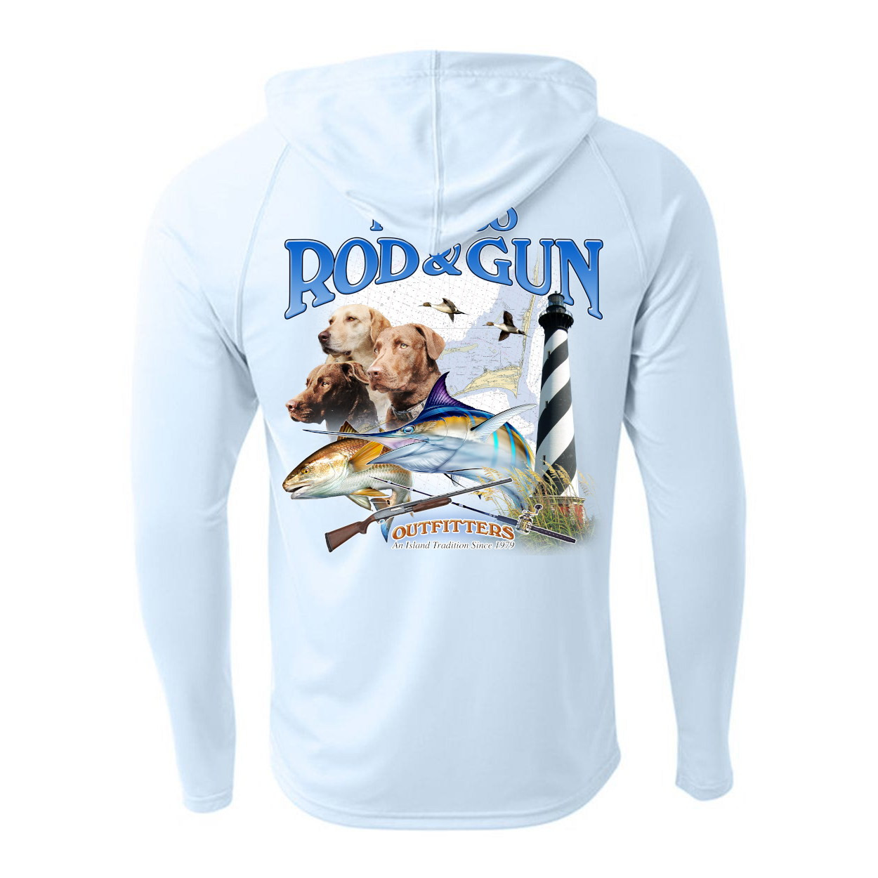 N3409 Frisco Rod & Gun 3Dogs Long Sleeve Performance Hoody Pastel Blue - Back