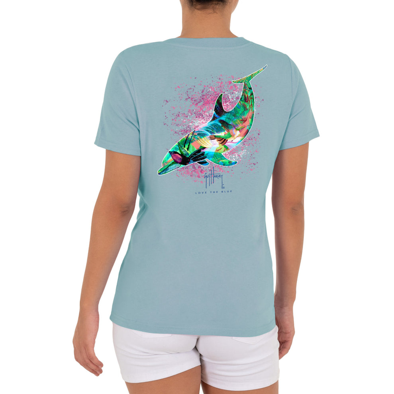 GHV55809-4SY1031 Guy Harvey Ladies LTB Dolphin Short Sleeve V-Neck T-Shirt
