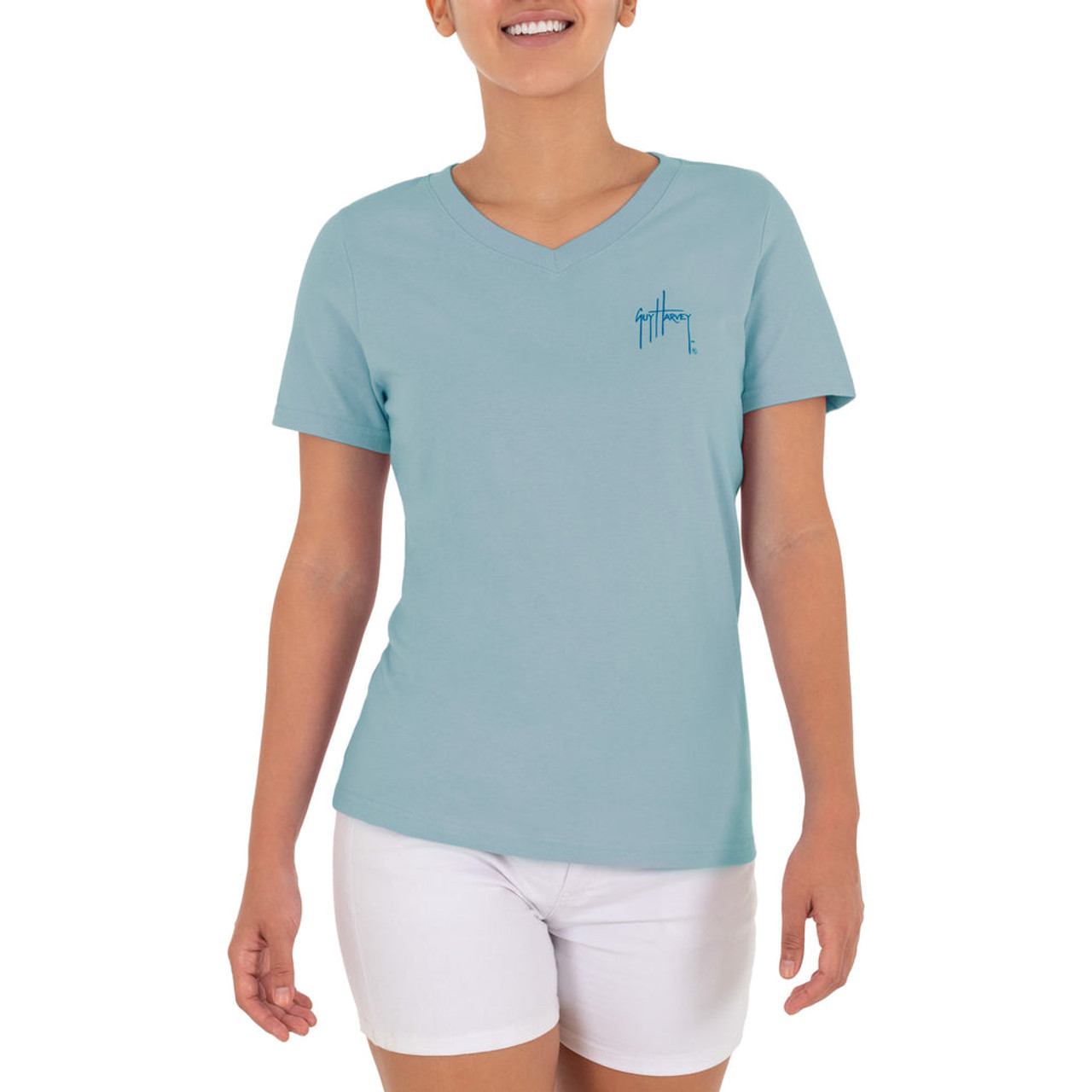 GHV55809-4SY1031 Guy Harvey Ladies LTB Dolphin Short Sleeve V-Neck T-Shirt