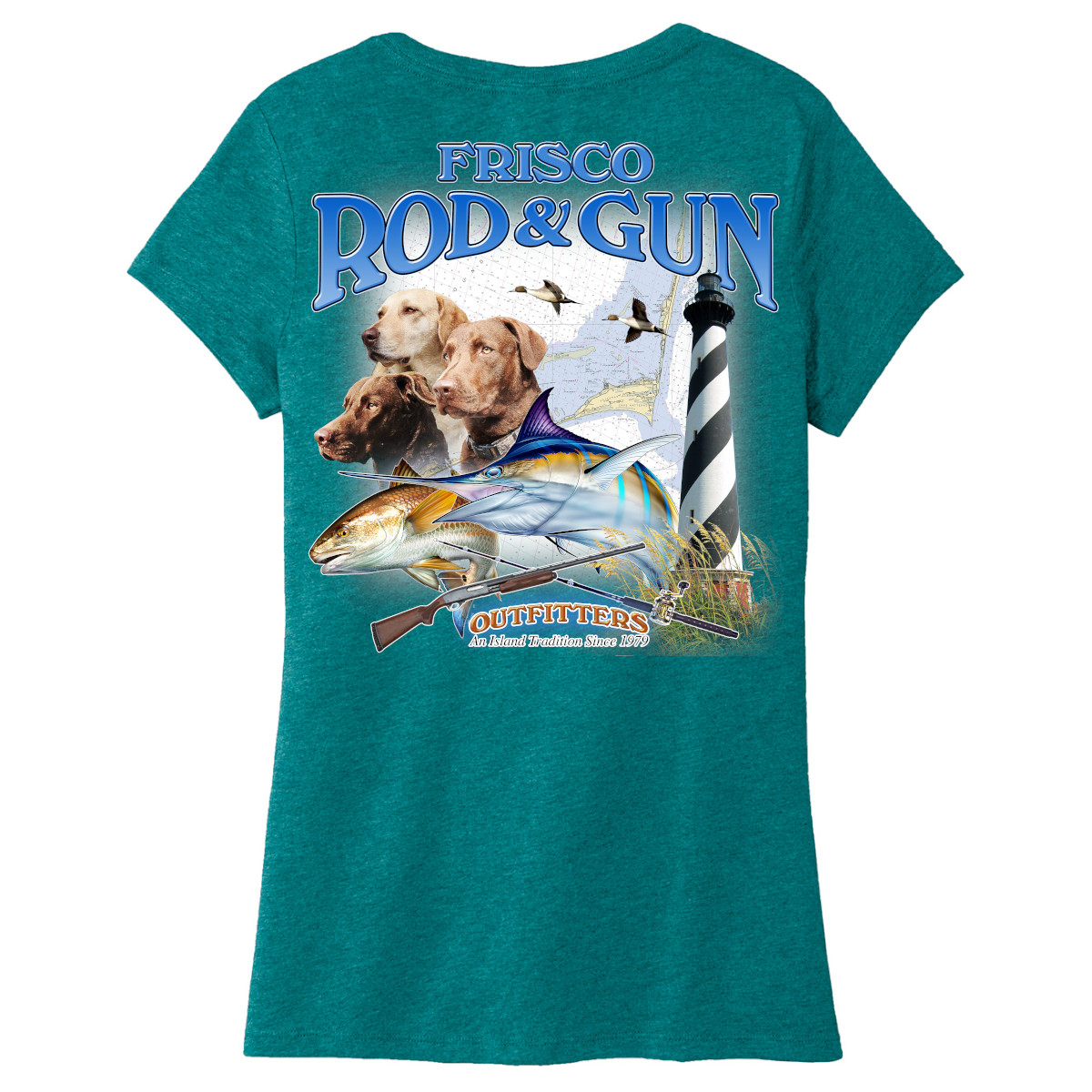 Frisco Rod & Gun V-Neck Short Sleeve Tee with 3 Dogs Print - Heathered Teal