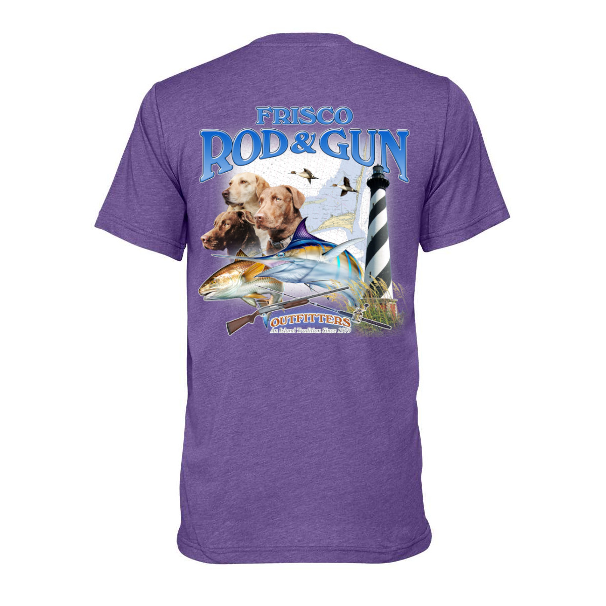 Frisco Rod & Gun Unisex Short Sleeve Tee with 3 Dogs Print - Heather Purple
