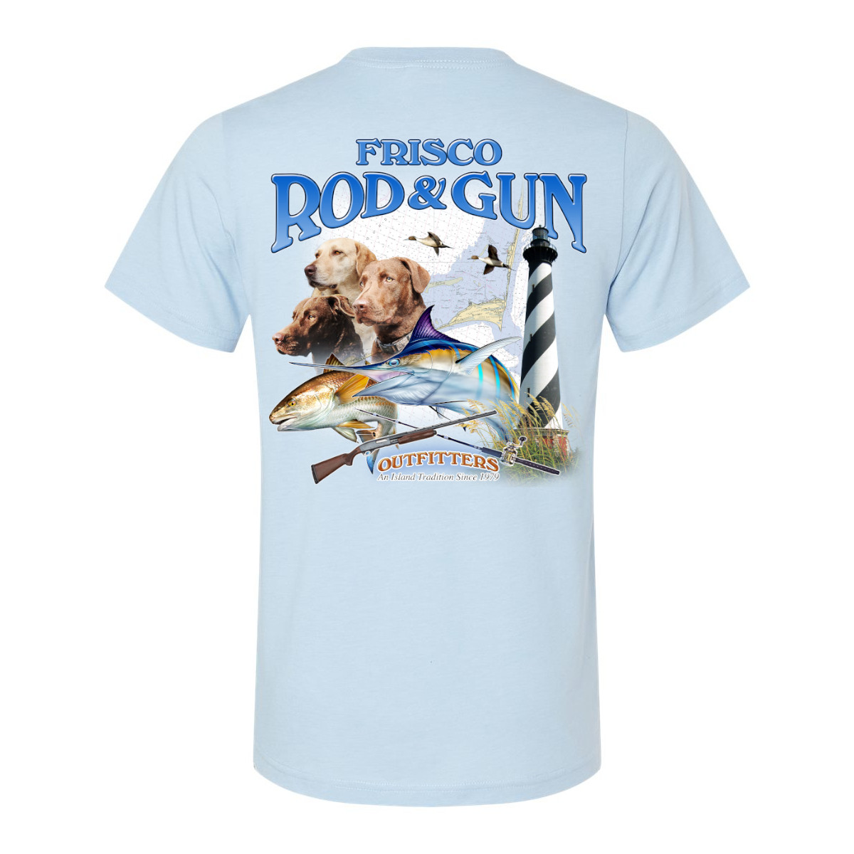 Frisco Rod & Gun Unisex Short Sleeve Tee with 3 Dogs Print - Heather Baby Blue