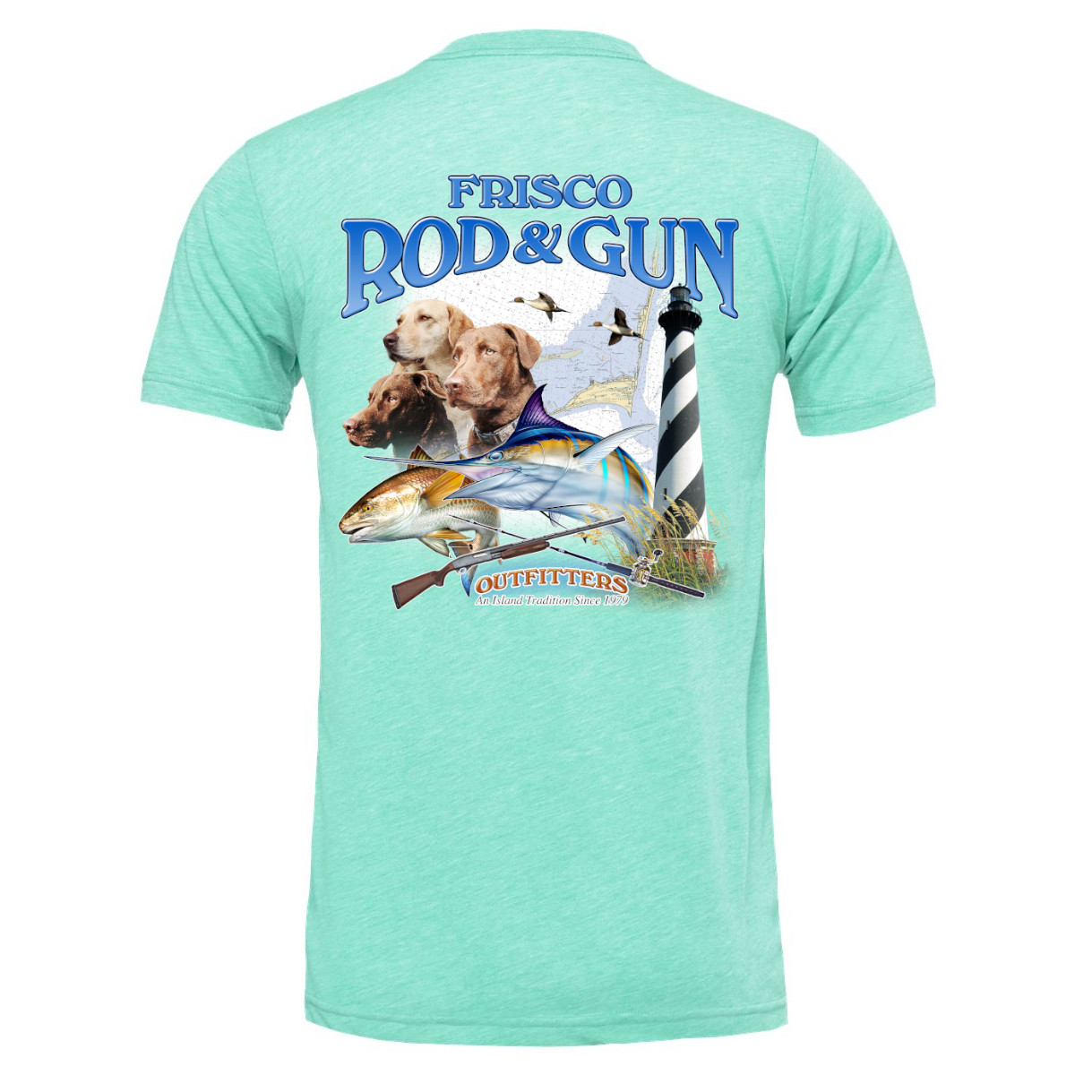 Frisco Rod & Gun Unisex Short Sleeve Tee with 3 Dogs Print - Heather Mint