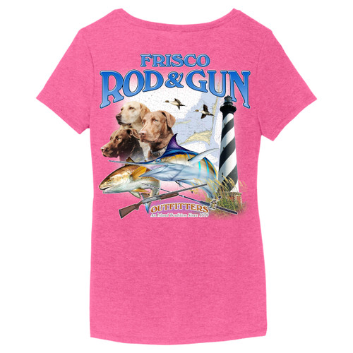 Frisco Rod & Gun V-Neck Short Sleeve Tee with 3 Dogs Print - Fuchsia Frost