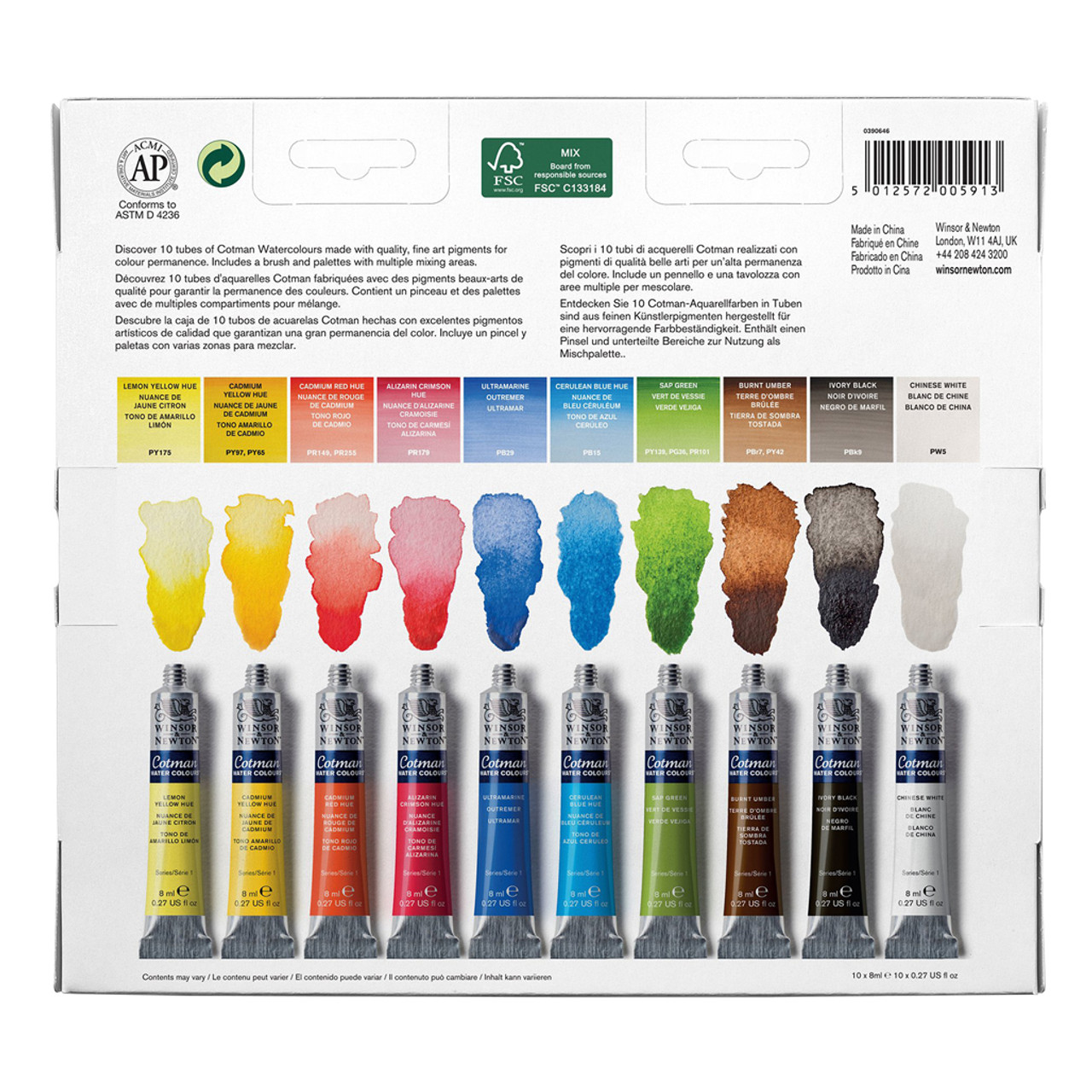Winsor & Newton Cotman Watercolors - Assorted Colors, Tube Palette Set of  10, 8 ml tubes 