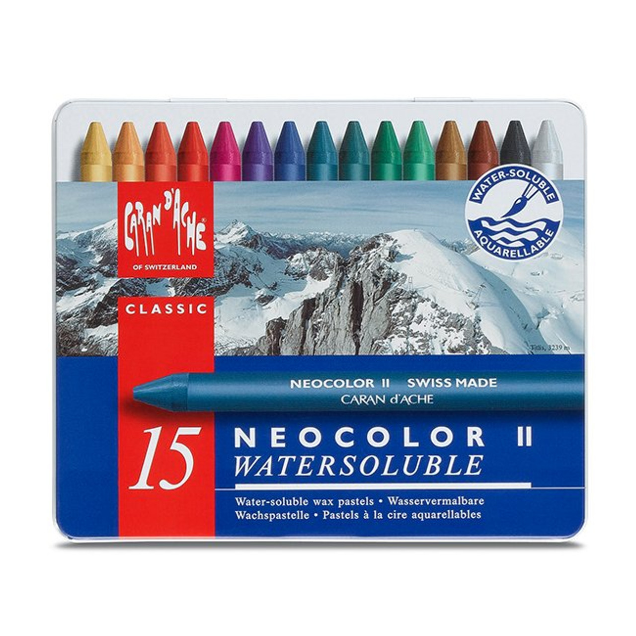 Caran D'Ache Classic Neocolor II Water-Soluble Crayons, 15 Assorted Colors