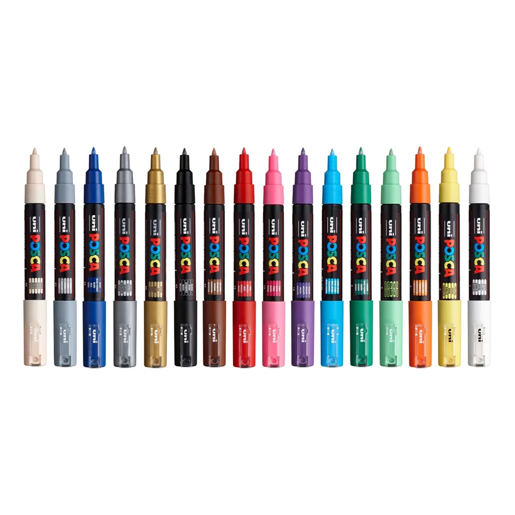Posca PC-1M Extra-Fine Tip Paint Marker Set, Basic Colors, 16 Colors