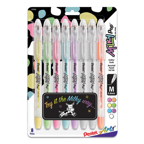 An image of a Pentel Milky Pop 8-Piece Pastel Gel Pen Set. 