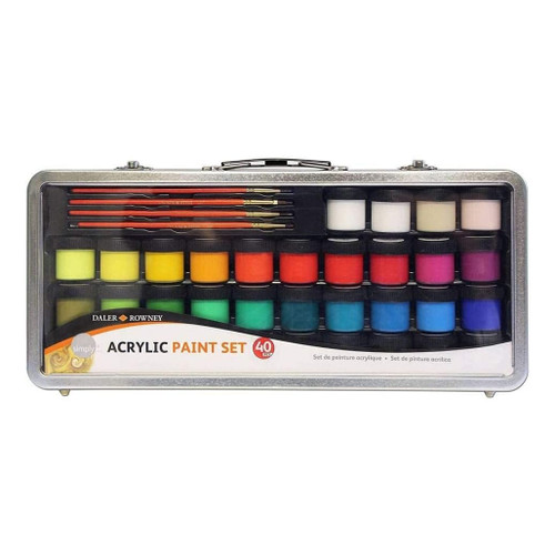 An image of a Daler-Rowney Simply Acrylic 40-Piece Metal Case Set.
