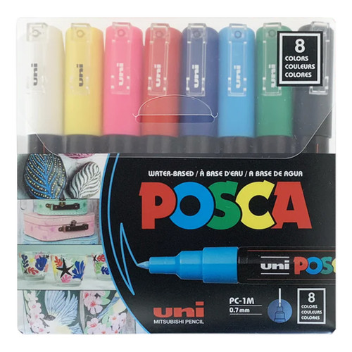 An image of a Posca PC-1M Extra-Fine Tip Paint Marker Set, Basic Colors, 8 Colors.