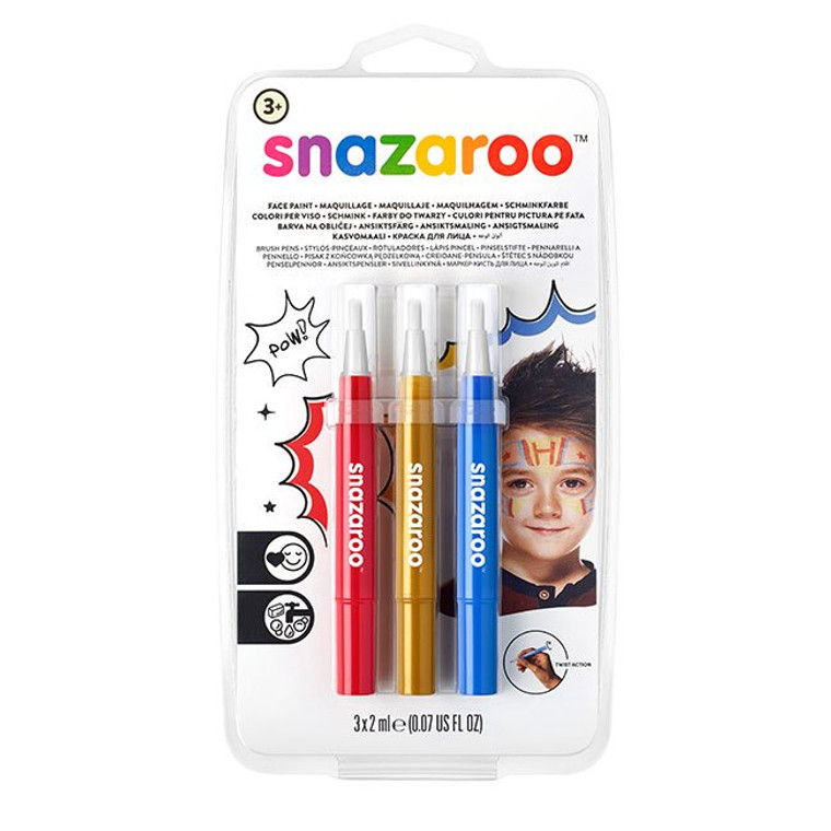 Boldly grab the Snazaroo Adventure Brush Pen Pack with red, gold, and blue and brush up on everything from pirates to superheroes! Snazaroo Brush Pens make face painting quick and easy with no separate brushes or water required for clean, tidy painting on the move. Great for big areas and detail! You can easily remove Snazaroo Brush Pen paint from skin with a little soap and warm water. Don't forget to also clean the brush and nib in water to make sure they're ready for your next masterpiece. Snazaroo Brush Pens are suitable for sensitive skin and are both fragrance and paraben free.