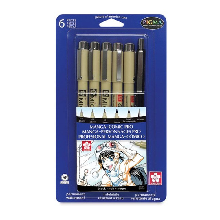 Sakura Pigma Manga-Comic Pro, Set of 6 Black Pens