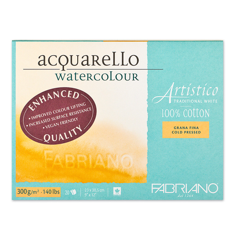 These Fabriano Artistico Watercolor Blocks are glue-bound on all four sides and available in cold-press and hot-press surfaces. Fabriano Artistico is ideal for watercolor, tempera, gouache, acrylic, ink, charcoal, graphite, and drawing; it is also suitable for printmaking. The paper is sized both internally and externally, making it both absorbent and resilient. The paper is mold-made, produced with 100% cotton, chlorine and acid-free, with vegan animal-free surface sizing. 140lb weight. 20 sheets.