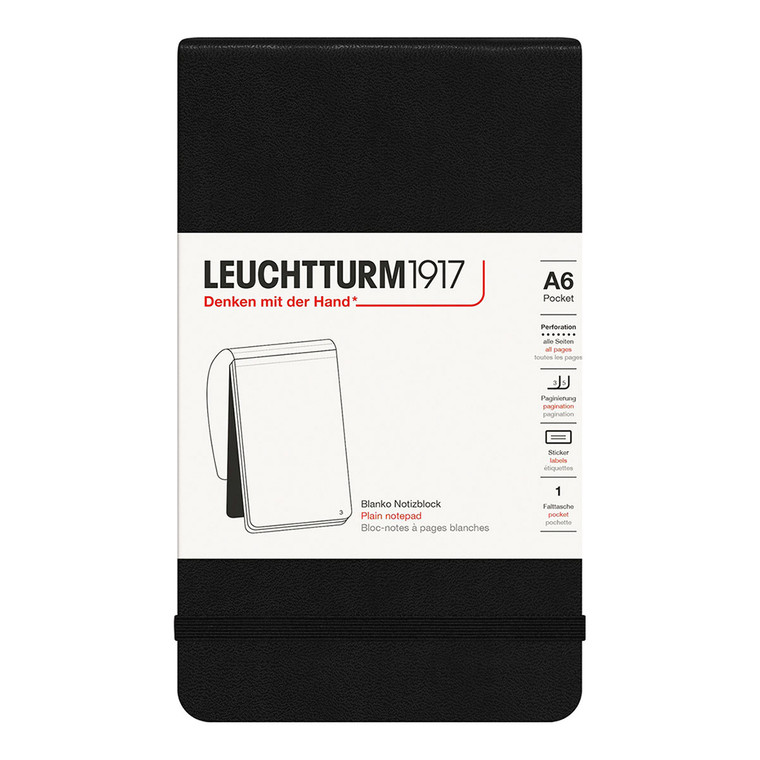 This Leuchtturm Reporter Pad in A6 format is a practical and convenient everyday companion. It brings with it the feeling of spontaneity and adventure. The thread stitching combined with hard cover ensure stability when you take notes and micro-perforation makes it easy to remove pages if desired. The Reporter's Pad comes with all Leuchtturm details: table of contents, page numbers, stickers for lettering, folding pocket, and elastic closure.