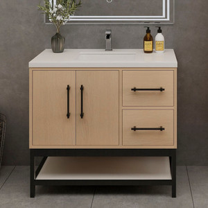 Victoria 36" Plywood Wall-Mount Vanity with Acrylic Sink & Black Rack (RIGHT DRAWER) Victoria 36" Plywood Wall-Mount Vanity with Acrylic Sink & Black Rack (RIGHT DRAWER)