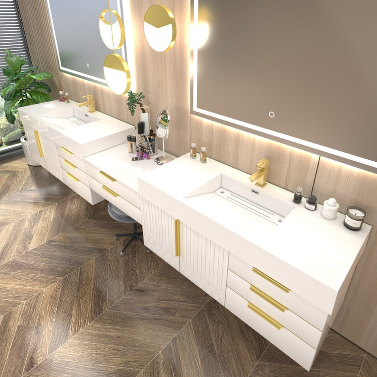 Marvel 122" Floating Bathroom Vanity with Reinforced Acrylic Sink in Gloss White (48" +26" + 48")