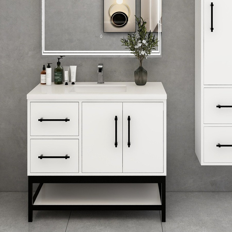 Victoria 36" Plywood Wall-Mount Vanity with Acrylic Sink & Black Rack (LEFT DRAWER)