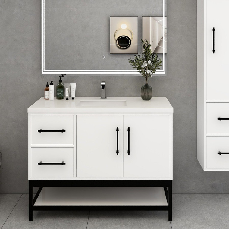 Victoria 42" Plywood Wall-Mount Vanity with Acrylic Sink & Black Rack(LEFT DRAWER)