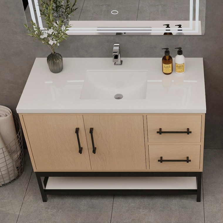 Victoria 42" Plywood Wall-Mount Vanity with Acrylic Sink & Black Rack (RIGHT DRAWER)
