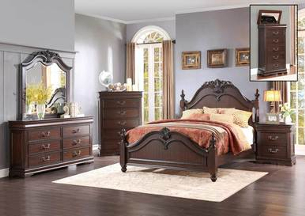 Louis Philippe III Black Eastern King Sleigh Bed w/Dresser and