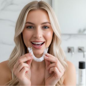 Aligner wearer holding clear retainer trays after daily cleaning