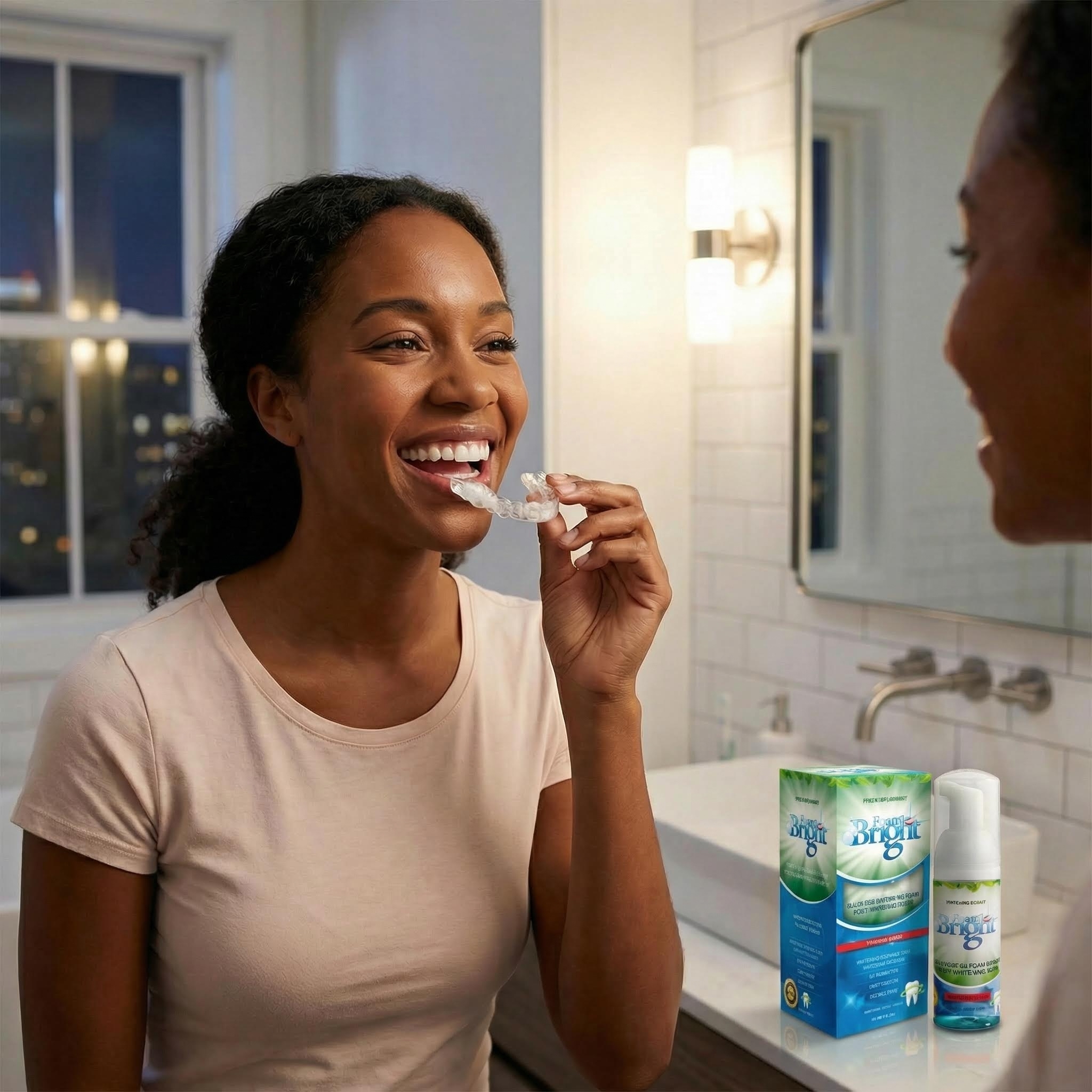 Woman wearing retainer with FoamBright — passive whitening while wearing aligners