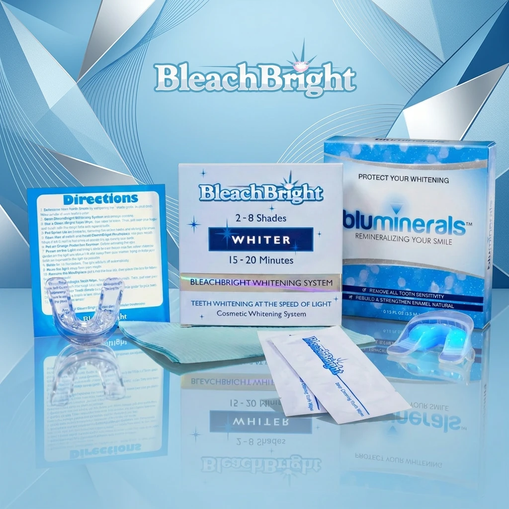 BleachBright pre-filled whitening tray kit with LED tray and bluminerals on a blue studio background