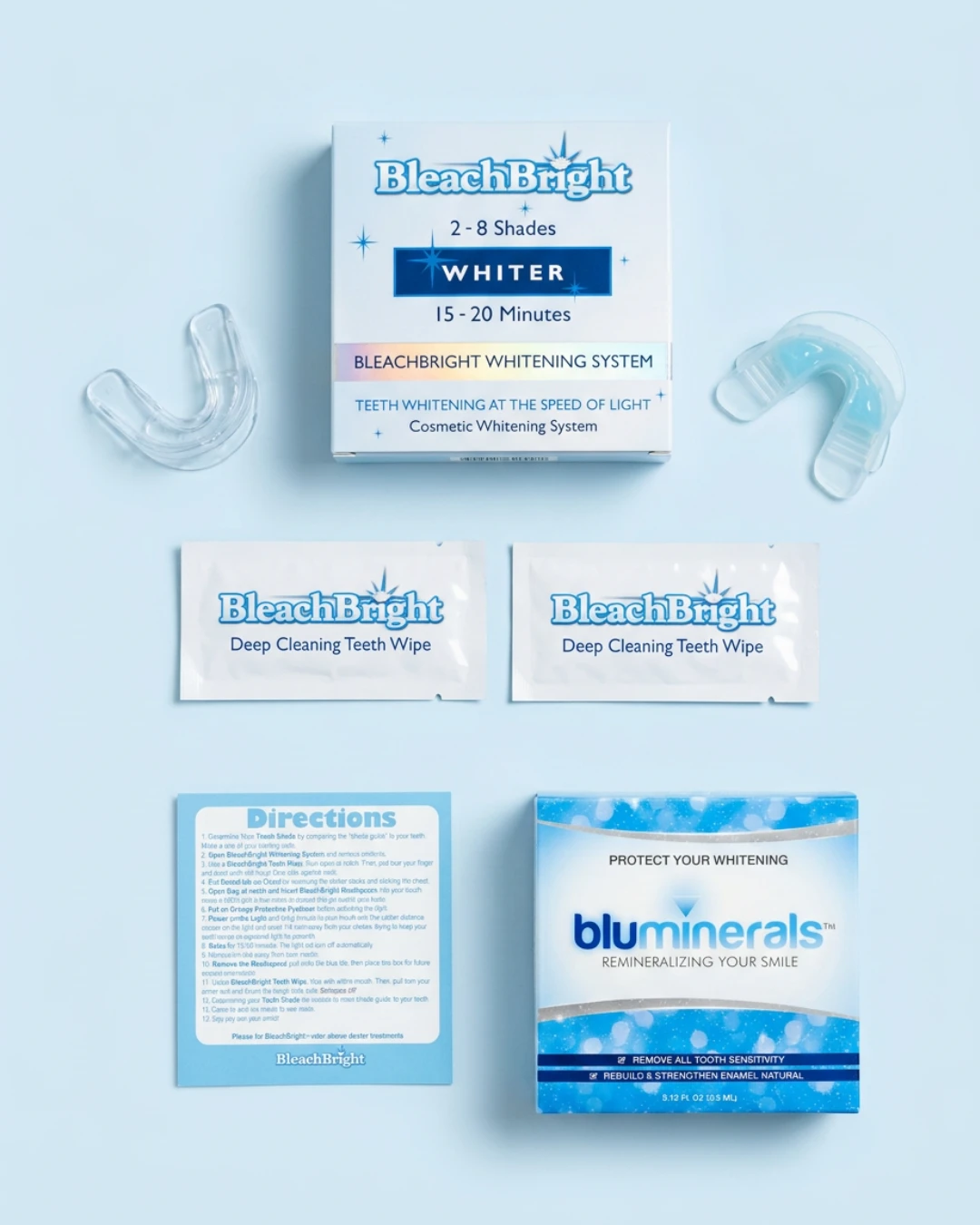 BleachBright pre-filled whitening tray salon kit with 2 trays, teeth wipes, instruction card, and bluminerals