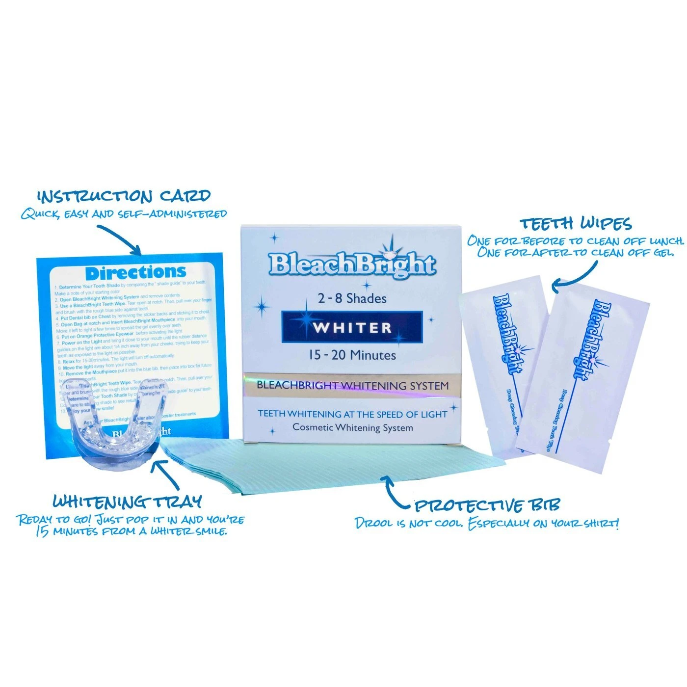 BleachBright pre-filled whitening tray kit contents labeled: instruction card, whitening tray, teeth wipes, protective bib