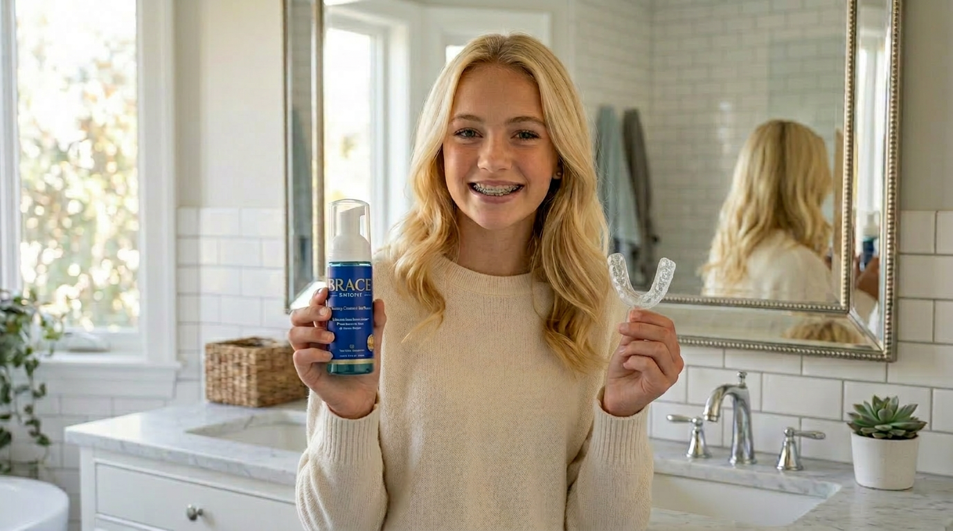 Teen with braces holding BraceBright whitening foam and tray