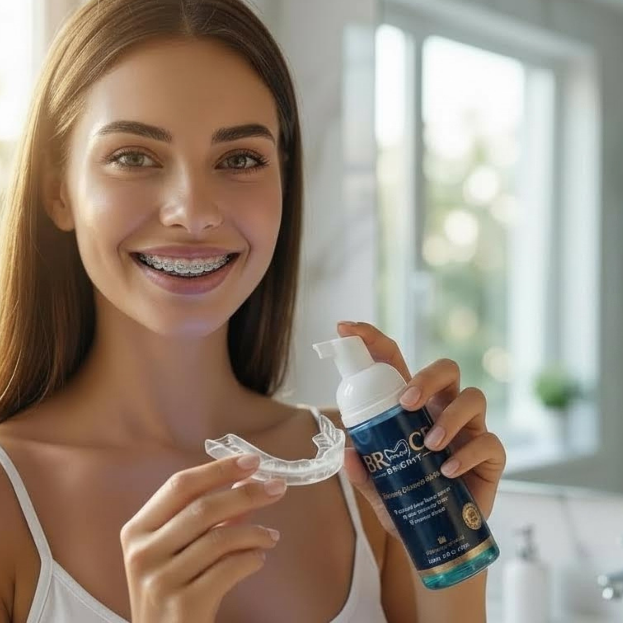 Braces wearer using BraceBright whitening foam with a tray