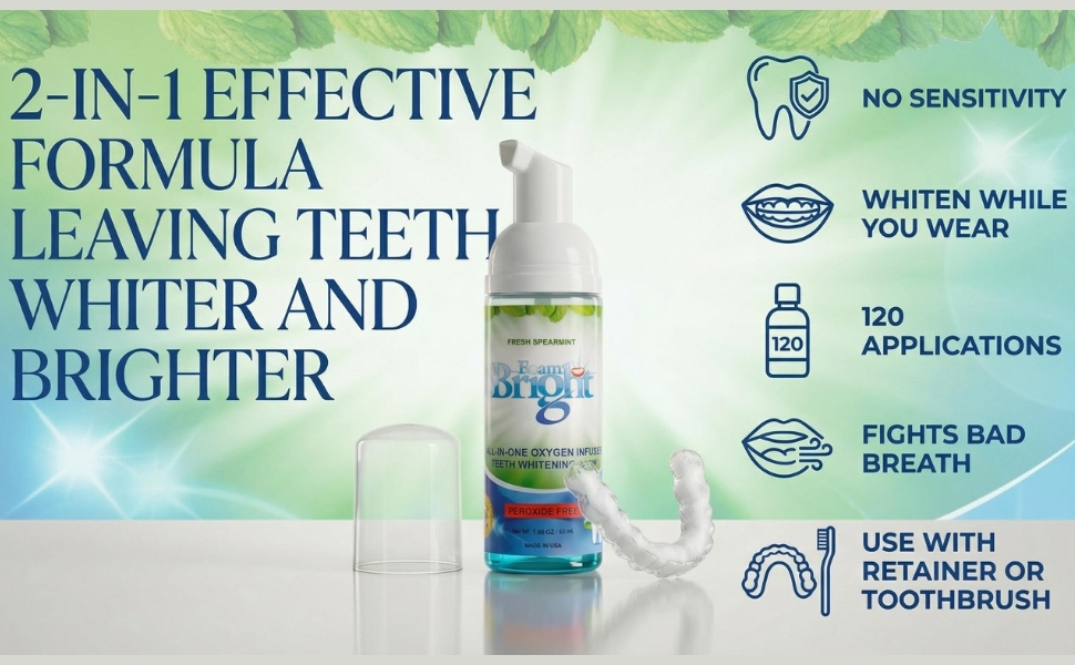FoamBright 2-in-1 formula whitens teeth while you wear retainers and aligners