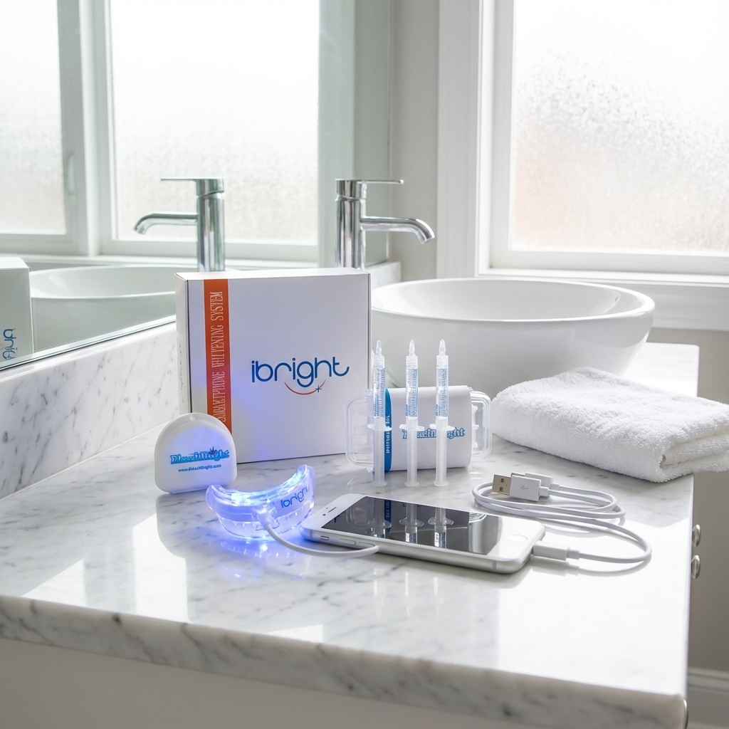 ibright smartphone teeth whitening kit on a bathroom counter plugged into a phone
