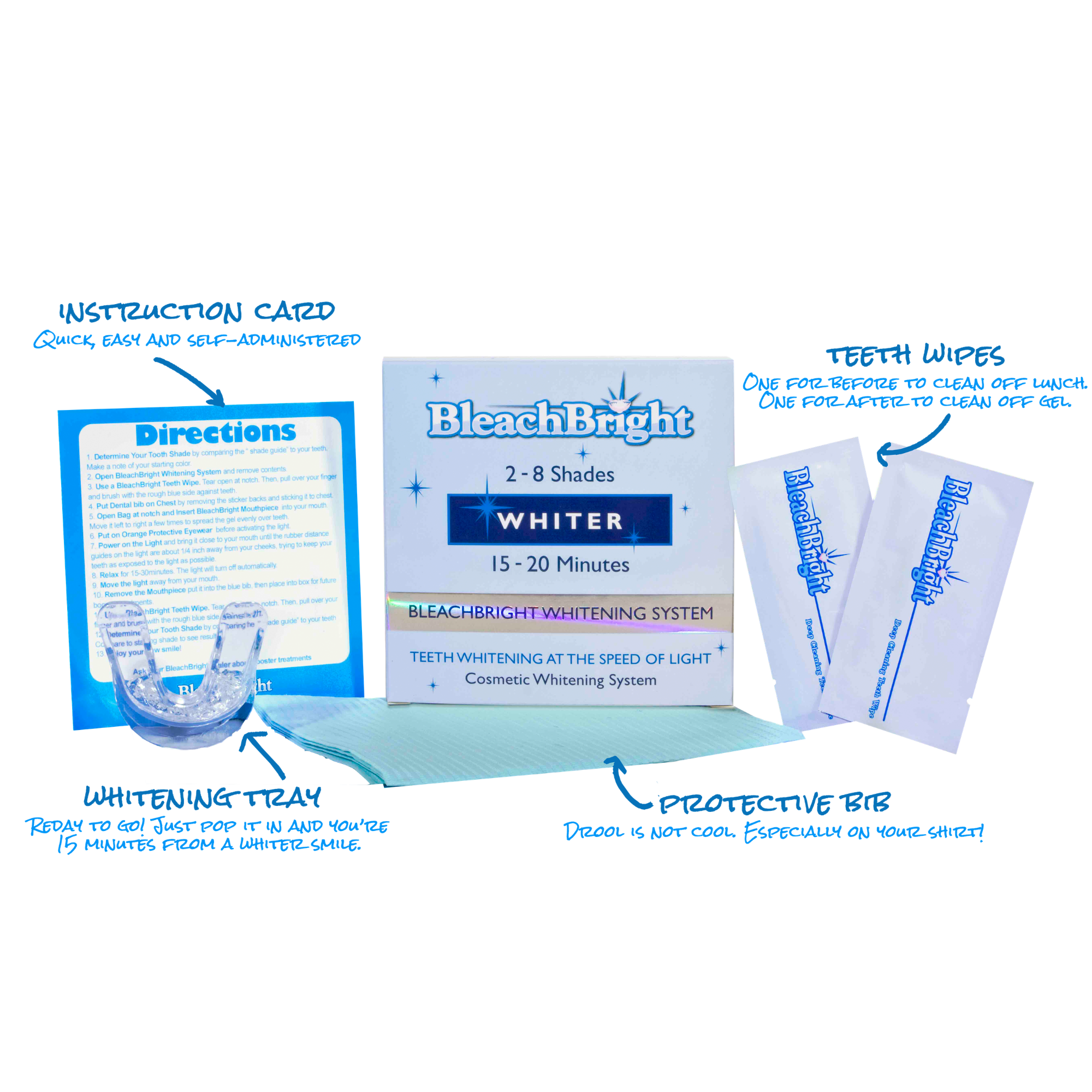 BleachBright whitening kit contents including tray, instruction card, teeth wipes, and protective bib
