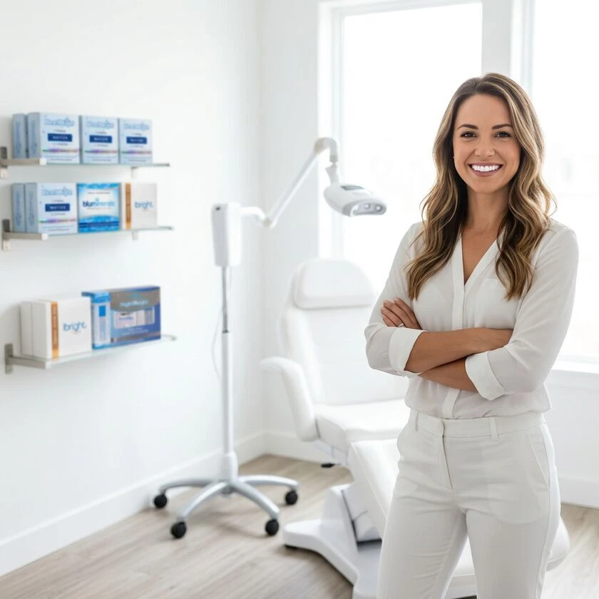 Entrepreneur standing proudly in her own teeth whitening business studio