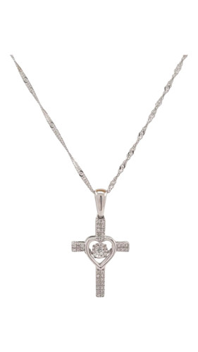 10kt White Gold Dangling Diamond Heart on Cross Design Pendant, 0.15ct Diamonds