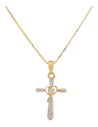 10kt Yellow Gold Cross Pendant with Heart Shape and 0.07ct Diamonds
