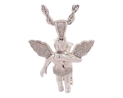 10K White Gold Men's Angel Pendant with 0.17ct Micro Diamonds