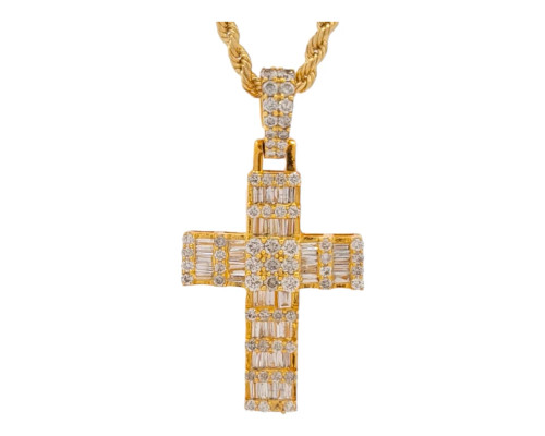 10K Yellow Gold Men's Designer Cross Pendant with 1.75ct Baguette Diamonds 10K Yellow Gold Men's Designer Cross Pendant with 1.75ct Baguette Diamonds