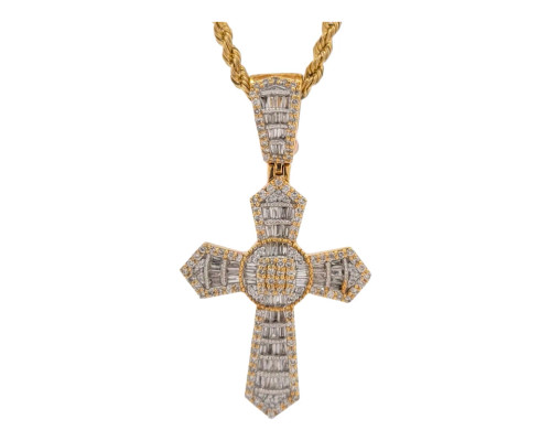 10K Yellow Gold Men's Designer Cross Pendant with 1.60ct Baguette Diamonds 10K Yellow Gold Men's Designer Cross Pendant with 1.60ct Baguette Diamonds