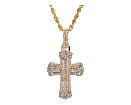 10K Yellow Gold Designer Men's Cross Pendant with 1.25ct Baguette Diamonds 10K Yellow Gold Designer Men's Cross Pendant with 1.25ct Baguette Diamonds