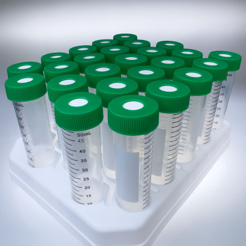SeptaSecure 50 mL centrifuge tubes, each capped with a specialized silicon septum cap. The tubes are clearly marked with volume measurements, facilitating precise sample management. This setup is designed for high efficiency in laboratory procedures, ensuring an efficient workflow and easy access for sample addition or extraction.