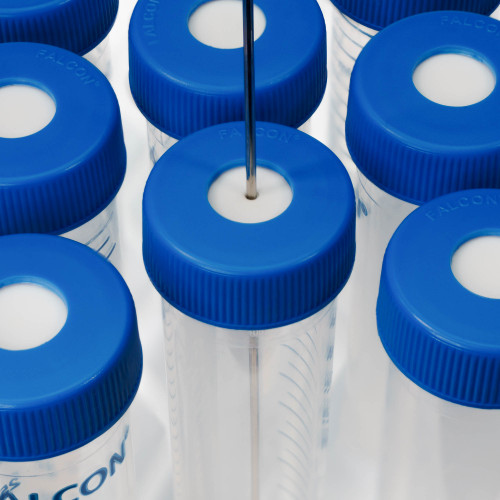 50 mL Type-F centrifuge tubes, each sealed with a blue SeptaSecure lid. One of the caps has a needle piercing through the septum. This image showcases the convenience and efficiency of the SeptaSecure design, making it easy to handle in laboratory settings.