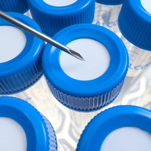 15 mL blue Type-F centrifuge tubes with SeptaSecure caps, featuring a needle puncturing one of the caps to demonstrate secure access without contamination.
